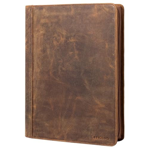 STILORD 'Gus' Dokumentenmappe A4 Leder Konferenzmappe mit Klemmbrett Vintage Echtleder Mappe Schreibmappe Ledermappe Groß Aktenmappe Breit für Arbeit Büro Business, Farbe:Sepia - braun Plain von STILORD
