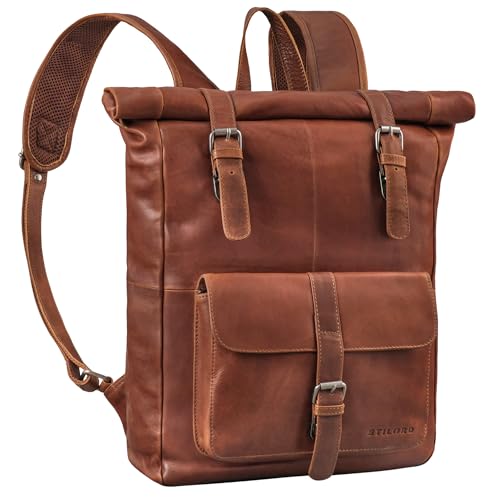 STILORD 'Herakles' Premium Leder Rolltop Rucksack 17 Zoll Laptoprucksack Groß Vintage Backpacker Rucksack Damen Wanderrucksack Herren Fahrradrucksack Echtleder, Farbe:sila - braun von STILORD
