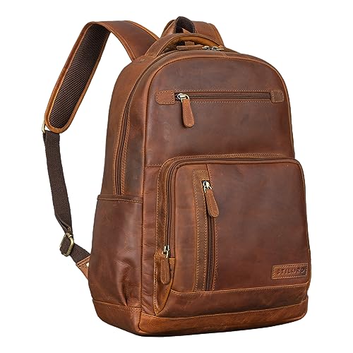 STILORD 'Hubertus' Lederrucksack Damen und Herren Vintage Laptop-Rucksack 15,6 Zoll Schulrucksack Leder Daypacks Lehrertasche Retro, Farbe:Cognac - braun von STILORD