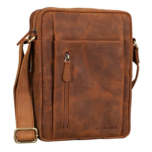 STILORD 'Irving' Vintage Leder Tasche Braun klein Umhängetasche für 10,1 Zoll und iPad Tablettasche DIN A5 Handtasche Messenger Bag Echtleder, Farbe:tan - dunkelbraun von STILORD