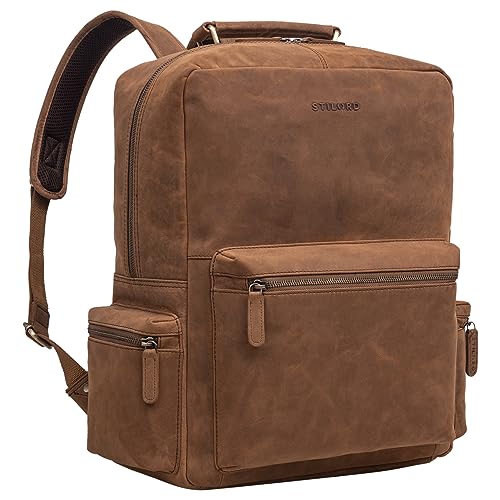 STILORD 'Isa' Büro-Rucksack Leder Groß Vintage Ledertasche Herren Damen Businessrucksack 17 18 19 20 Zoll Laptop-Fach Schule Lehrertasche, Farbe:tan - dunkelbraun von STILORD