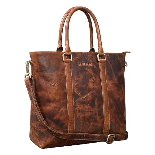 STILORD 'Jara' Große Leder Businesstasche Damen Vintage Handtasche Umhängetasche Aktentasche Damen Echtleder Laptoptasche Travel Freizeit Bag Shopper, Farbe:kara - cognac von STILORD