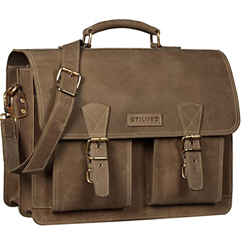 STILORD 'Jeffrey' Lehrertasche Aktentasche Leder Große Vintage Ledertasche zum Umhängen 15.6 Zoll Laptop Tasche für Schule Uni Business Trolley Aufsteckbar, Farbe:sepia - braun von STILORD