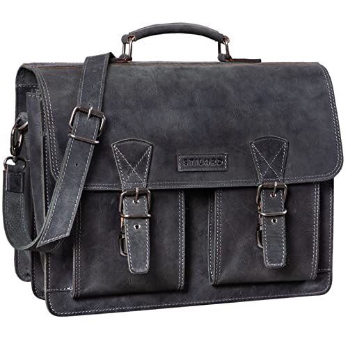 STILORD 'Jeffrey' Lehrertasche Aktentasche Leder Große Vintage Ledertasche zum Umhängen 15.6 Zoll Laptop Tasche für Schule Uni Business Trolley Aufsteckbar, Farbe:anthrazit von STILORD