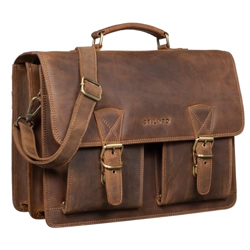 STILORD 'Jeffrey' Lehrertasche Aktentasche Leder Große Vintage Ledertasche zum Umhängen 15.6 Zoll Laptop Tasche für Schule Uni Business Trolley Aufsteckbar, Farbe:mittel - braun von STILORD