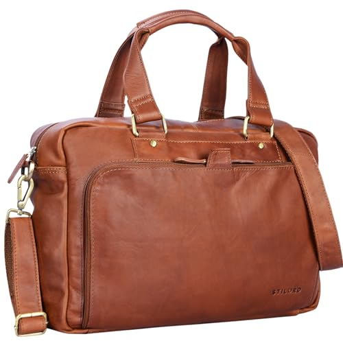 STILORD 'Jon' Vintage Leder Umhängetasche Herren Damen Laptoptasche 15.6 Zoll für große DIN A4 Aktenordner Business Büro Arbeit Uni echtes Büffelleder, Farbe:Cognac - braun von STILORD