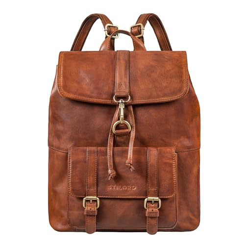 STILORD 'Kacey' Daypack Damen Leder Vintage Lederrucksack für 13.3 Zoll Laptops DIN A4 Kleiner Unirucksack Cityrucksack Elegant Damenrucksack Echtleder, Farbe:brandy - cognac von STILORD