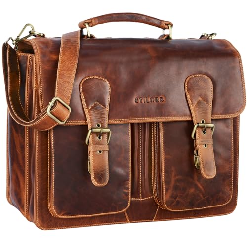 STILORD 'Karl' Aktentasche Herren Lehrertasche Bürotasche Laptoptasche Umhängetasche XL Businesstasche Vintage groß aus echtem Leder, Farbe:Kara - Cognac von STILORD