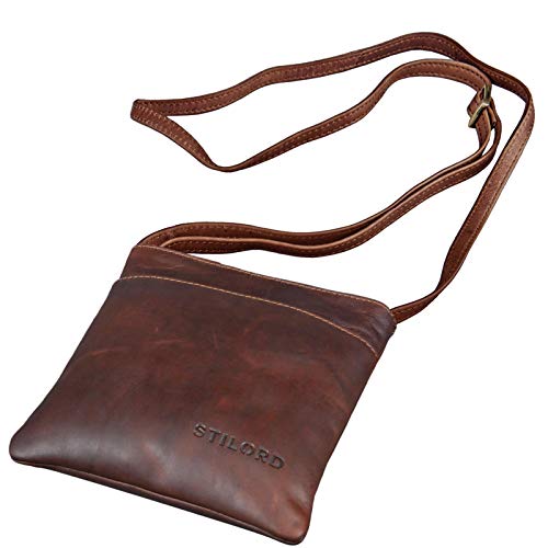 STILORD 'Lana' kleine Umhängetasche Damen 16 x 18 x 2 cm Ausgehtasche Schultertasche Handtasche echtes Büffel Leder Vintage Design Größe S, Farbe:cognac - dunkelbraun von STILORD