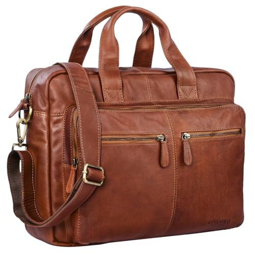 STILORD 'Leandro' Ledertasche Herren Laptoptasche 15.6 Zoll braune Messenger Bag multifunktional tragbar als Handtasche Umhängetasche Trolley Aufsatz Vintage Leder, Farbe:cognac - braun von STILORD