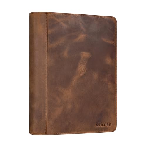 STILORD 'Leif' Kleine Dokumententasche Leder DIN A5 Schreibmappe Aktenmappe Organizer Dokumentenmappe Reißverschluss Vintage Echtleder Konferenzmappe, Farbe:Sepia - braun von STILORD