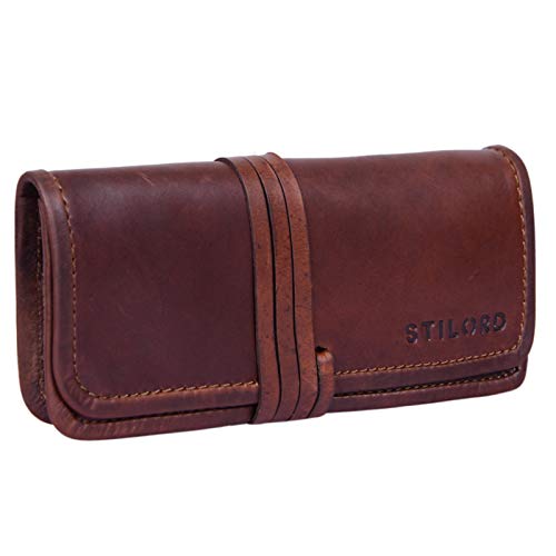 STILORD 'Lenny' Federmäppchen Leder Vintage klein Lederetui Elegantes Lederaccessoire ideal als Stifteetui Schreibmappe und Geldbörse echtes Büffelleder, Farbe:Cognac - Dunkelbraun von STILORD