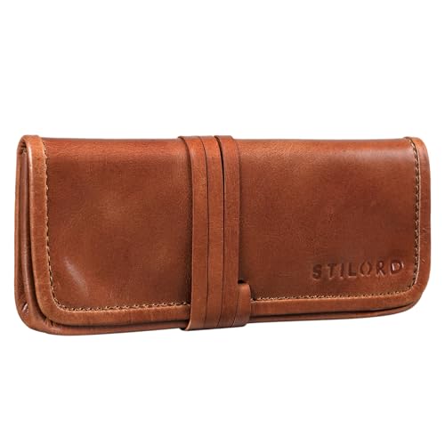 STILORD 'Lenny' Federmäppchen Leder Vintage klein Lederetui Elegantes Lederaccessoire ideal als Stifteetui Schreibmappe und Geldbörse echtes Büffelleder, Farbe:Cognac - glänzend von STILORD