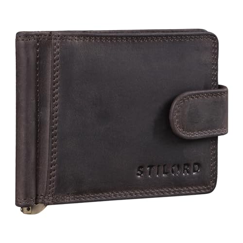 STILORD 'Lino' Leder Geldbörse mit Geldklammer und Münzfach Kleines Herren Portemonnaie mit Druckknopf Vintage Brieftasche Slim Wallet mit RFID Schutz, Farbe:dunkel - braun von STILORD