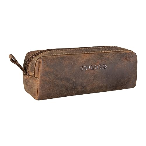 STILORD 'Linus' Etui Leder Vintage Herren Damen Stifteetui Lederetui Federmappe quadratisch Stiftetasche Büffelleder, Farbe:Calais - braun von STILORD