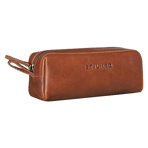 STILORD 'Linus' Etui Leder Vintage Herren Damen Stifteetui Lederetui Federmappe quadratisch Stiftetasche Büffelleder, Farbe:Cannes - braun von STILORD
