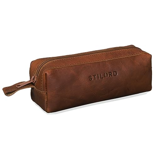STILORD 'Linus' Etui Leder Vintage Herren Damen Stifteetui Lederetui Federmappe quadratisch Stiftetasche Büffelleder, Farbe:Cognac - braun von STILORD