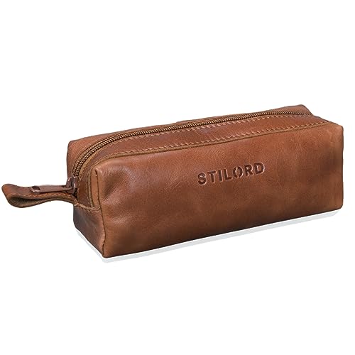 STILORD 'Linus' Etui Leder Vintage Herren Damen Stifteetui Lederetui Federmappe quadratisch Stiftetasche Büffelleder, Farbe:Cognac - glänzend von STILORD