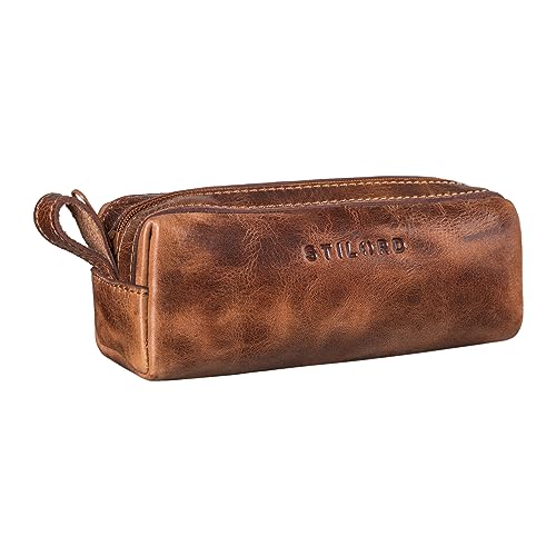 STILORD 'Linus' Etui Leder Vintage Herren Damen Stifteetui Lederetui Federmappe quadratisch Stiftetasche Büffelleder, Farbe:Napoli - braun von STILORD
