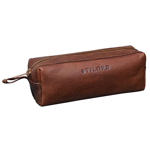 STILORD 'Linus' Etui Leder Vintage Herren Damen Stifteetui Lederetui Federmappe quadratisch Stiftetasche Büffelleder, Farbe:maraska - braun von STILORD
