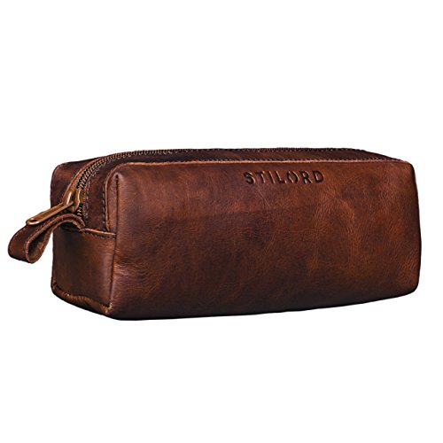 STILORD 'Linus' Etui Leder Vintage Herren Damen Stifteetui Lederetui Federmappe quadratisch Stiftetasche Büffelleder, Farbe:Cognac - Dunkelbraun von STILORD