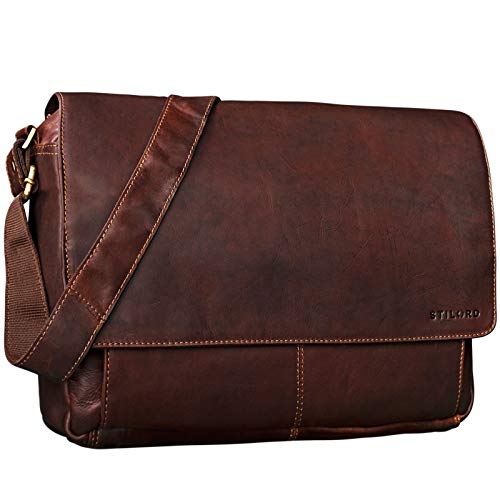 STILORD 'Lonzo' Vintage Umhängetasche echtes Büffel-Leder Messenger Bag für Herren und Damen Unitasche Büro Business Studium Leder, Farbe:cognac - dunkelbraun von STILORD