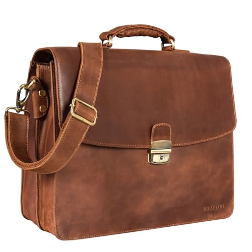 STILORD 'Loris' Klassische Aktentasche Leder Groß Herren Businesstasche mit Schloss Vintage Bürotasche Aufsteckbar, Farbe:andorra - braun von STILORD