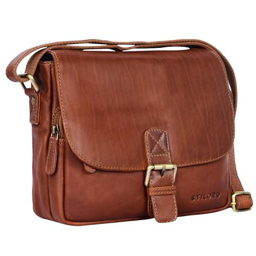 STILORD 'Lucian' Vintage Umhängetasche Leder klein für Herren und Damen Schultertasche für 10.1 Zoll Tablet iPad DIN A5 Handtasche aus echtem Leder, Farbe:cognac - braun von STILORD