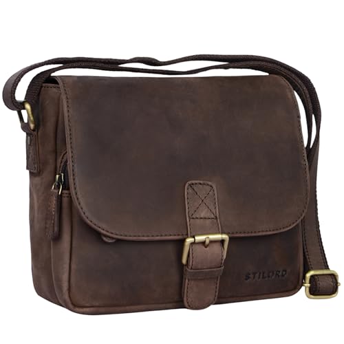 STILORD 'Lucian' Vintage Umhängetasche Leder klein für Herren und Damen Schultertasche für 10.1 Zoll Tablet iPad DIN A5 Handtasche aus echtem Leder, Farbe:matt - dunkelbraun von STILORD
