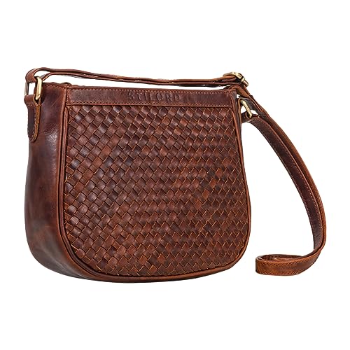 STILORD 'Madita' Kleine Damen Handtasche Leder Vintage Schultertasche für Frauen geflochtene Umhängetasche für Freizeit Ausgehen City Party Echtleder, Farbe:Porto - Cognac von STILORD