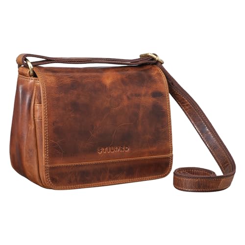 STILORD 'Malou' Elegante Leder Handtasche Damen Umhängetasche Breit Vintage Ledertasche zum Ausgehen Klassische Abendtasche Frauen Echtleder, Farbe:Kara - Cognac von STILORD