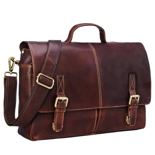 STILORD 'Manuel' Leder Aktentasche Herren groß Vintage Umhängetasche mit Schulter-Gurt Businesstasche 15.6 Zoll A4 Henkeltasche Unitasche echtes Büffelleder, Farbe:Cognac - Dunkelbraun von STILORD