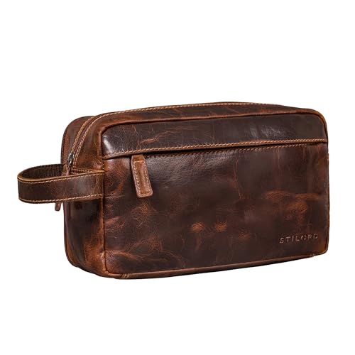 STILORD 'Marbella' Kulturbeutel Herren Leder Kulturtasche Damen Echtleder Reise-Kosmetiktasche Groß Waschtasche Schminktasche mit Fächern Wasserdicht - Reisen Handgepäck, Farbe:luino - braun von STILORD