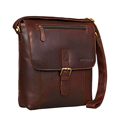 STILORD 'Matthias' Herren Umhängetasche Leder Vintage Messenger Tasche 10.1 Zoll Tablettasche klein Schultertasche echtes Rinds-Leder, Farbe:Cognac - Dunkelbraun von STILORD