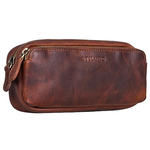 STILORD 'Melissa' Federmäppchen Leder Groß Vintage mit Reißverschluss Stiftemappe Großes Etui Schule Uni Echtleder Kosmetiktasche für Damen und Herren, Farbe:Kara - Cognac von STILORD