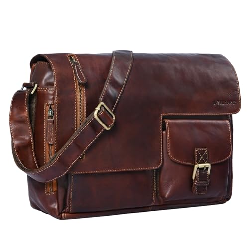 STILORD 'Mika' Ledertasche Vintage braun Herren Damen Uni Büro Arbeit große Umhängetasche Aktentasche für DIN A4 Aktenordner Laptoptasche 15.6 Zoll Echtleder, Farbe:Cognac - Dunkelbraun von STILORD