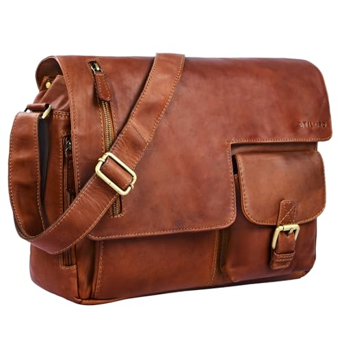 STILORD 'Mika' Ledertasche Vintage braun Herren Damen Uni Büro Arbeit große Umhängetasche Aktentasche für DIN A4 Aktenordner Laptoptasche 15.6 Zoll Echtleder von STILORD