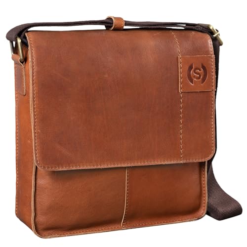 STILORD 'Mircos' Tablet Umhängetasche Leder 9.7 Zoll iPad Tasche für Herren Männer mittel-große Schultertasche Vintage Ledertasche Messenger Bag Echtleder, Farbe:Ocker - braun von STILORD