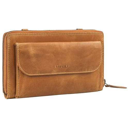 STILORD 'Monica' 4 in 1 Leder Geldbörse mit Handyfach Damen Clutch Geldbeutel zum Umhängen Schultertasche Klein Crossbody Portemonnaie für Frauen Handytasche Echtleder, Farbe:perugia-braun von STILORD