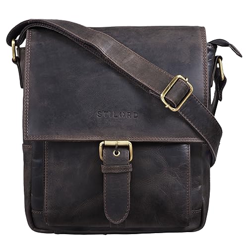STILORD 'Nevio' Herrentasche Leder Umhängetasche kleine Messenger Bag elegante Handtasche im Vintage Design Schultertasche für 10.1 Zoll Tablet iPad echtes Leder, Farbe:dunkel - braun von STILORD