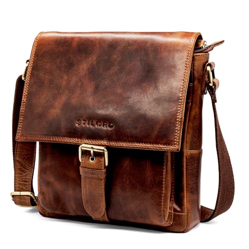 STILORD 'Nevio' Herrentasche Leder Umhängetasche kleine Messenger Bag Elegante Handtasche im Vintage Design Schultertasche für 10.1 Zoll Tablet iPad echtes Leder, Farbe:Kara - Cognac von STILORD