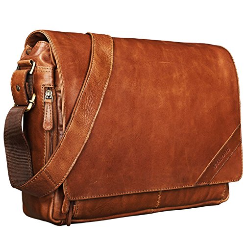 STILORD 'Nick' Umhängetasche Leder Herren Damen Unitasche 15.6 Zoll Laptoptasche Aktentasche Bürotasche Vintage Büffel-Leder, Farbe:cognac - glänzend von STILORD