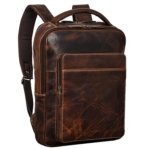 STILORD 'Nicky' Laptoprucksack 13 Zoll Leder Groß Damen Herren Lederrucksack Vintage Rucksack Business Handgepäck Reiserucksack Travel Backpack, Farbe:luino - braun von STILORD