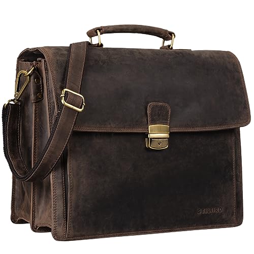 STILORD 'Noel' Aktentasche Leder Herren Vintage groß klassische Arbeitstasche Bürotasche Umhängetasche Dokumententasche mit Laptopfach 13,3 Zoll und Trolleyschlaufe, Farbe:dunkel - braun von STILORD