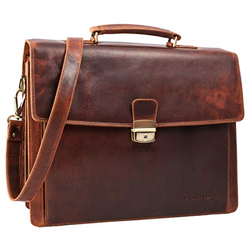 STILORD 'Noel' Aktentasche Leder Herren Vintage groß klassische Arbeitstasche Bürotasche Umhängetasche Dokumententasche mit Laptopfach 13,3 Zoll und Trolleyschlaufe, Farbe:kara - cognac von STILORD