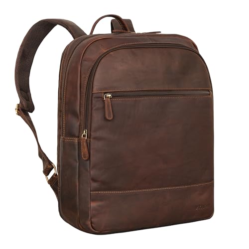 STILORD 'Norbert' Großer Rucksack mit Laptopfach 15,6 Zoll Leder für Herren und Damen Echtleder Notebook Rucksack Arbeitsrucksack Retro Rucksacktasche, Farbe:cognac - dunkelbraun von STILORD