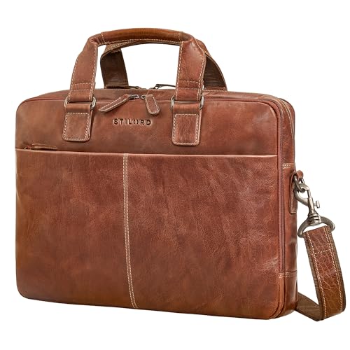STILORD 'Oslo' Laptoptasche 15.6 | 17 | 18 Zoll Herren Leder zwei Laptopfächer - Businesstasche mit vielen Fächern - Ledertasche Männer - Echtleder Aktentasche, Farbe:brandy - braun von STILORD