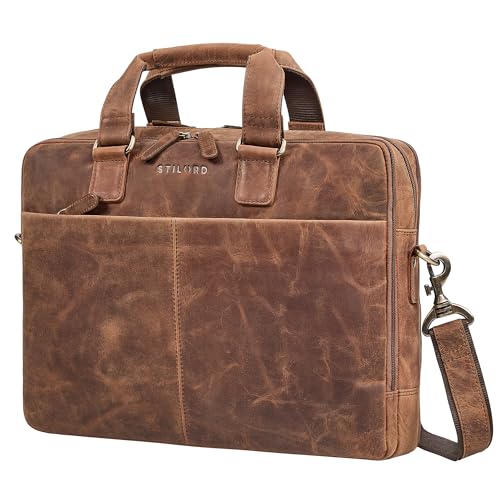 STILORD 'Oslo' Laptoptasche 15.6 | 17 | 18 Zoll Herren Leder zwei Laptopfächer - Businesstasche mit vielen Fächern - Ledertasche Männer - Echtleder Aktentasche, Farbe:sepia - braun von STILORD