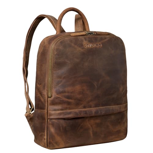 STILORD 'Peyton' Rucksack Leder Arbeit Büro Backpack Herren Damen Business Schule für DIN A4 und für 13,3 Zoll MacBook Vintage Echtleder, Farbe:mittel - braun von STILORD