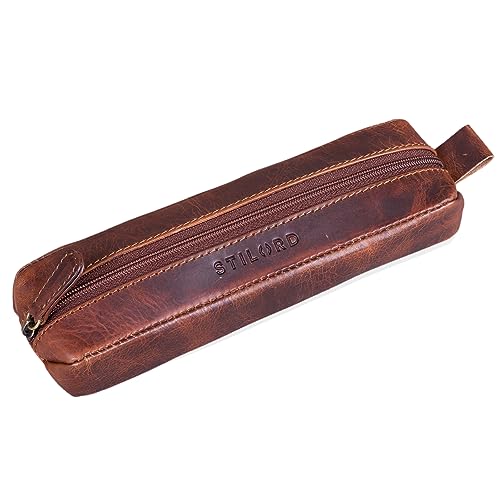 STILORD 'Quinn' Leder Federmäppchen rund Vintage Lederetui Stifte Rolle rundes Federmappe groß Stiftemappe Damen Herren Faulenzer Echtleder, Farbe:Kara - Cognac von STILORD